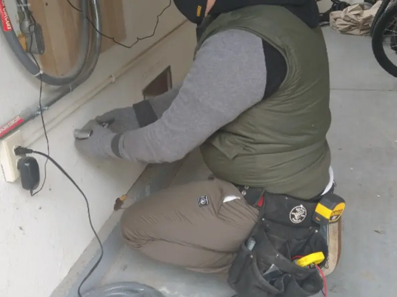Electrician performing outlet wiring in a The Village of Indian Hill garage